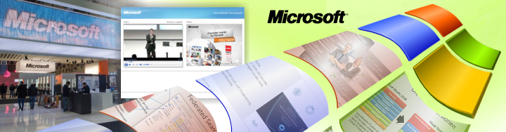 Microsoft CeBIT Banner mit Livestream-Video, Partner-Programm und Windows-Logo