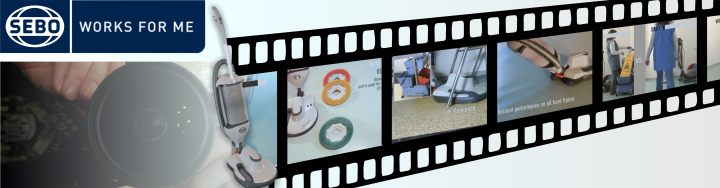 SEBO Works for Me Banner mit Filmstreifen-Design und verschiedenen Staubsaugermodellen