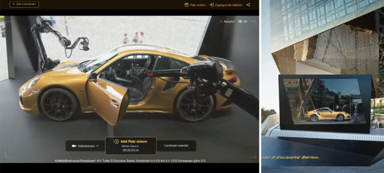 Livestream-Interface Porsche 911 Turbo S mit robotischen 4K-Kameras und Außenansicht vor moderner Architektur