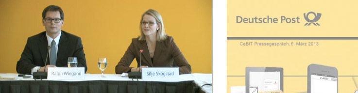 Pressekonferenz der Deutschen Post auf der CeBIT 2013 mit Ralph Wiegand und Silje Skogstad im Livestream