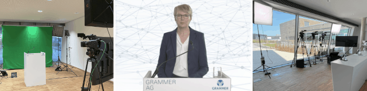 Collage aus Green Screen Studio, virtueller Bühne mit Rednerin und professioneller Livestream-Technik bei Grammer AG