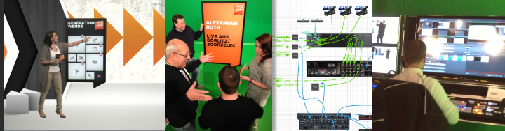 Collage aus Studioaufnahmen: Green-Screen-Setup, Livestream-Regie und Präsentation für 'Heute im Osten'