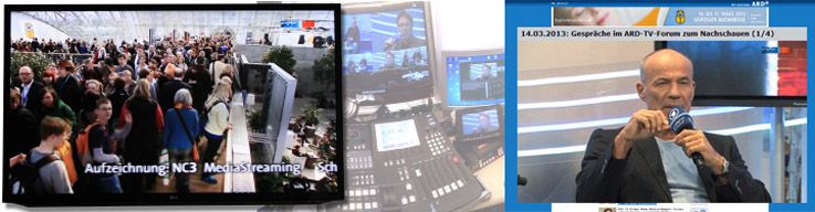 Collage Leipziger Buchmesse: Publikum, Streaming-Regie und ARD-Interview mit NC3 MediaStreaming