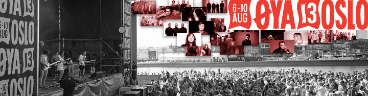 Promobanner ØYA13 Festival Oslo: Bühne mit Band, Fotocollage und Publikum vor Skyline, schwarz-rot Design