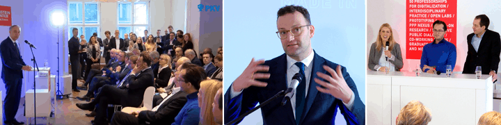 Collage dreier Fotos einer PKV-Konferenz: Redner am Podium, gestikulierender Sprecher und Podiumsdiskussion vor rotem Banner.