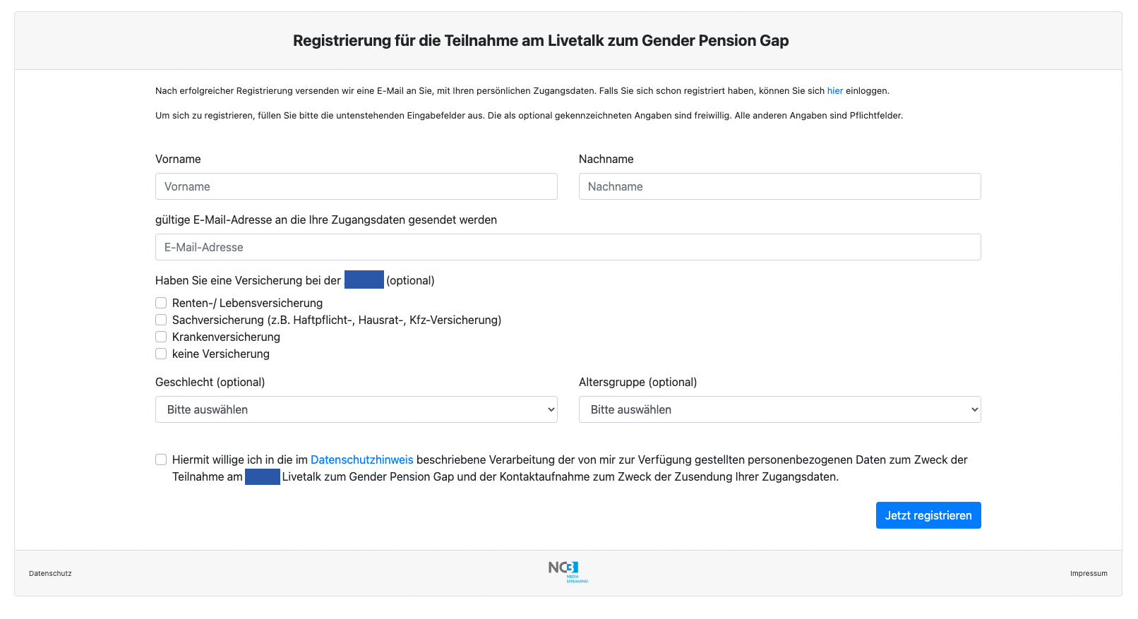 registrierung-livetalk Registrierungsformular für den Livetalk zum Gender Pension Gap mit Eingabefeldern für Name, E-Mail und optionale Angaben