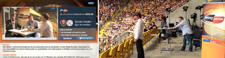 Live-Setup von Sport im Osten mit Dynamo Dresden im vollen Stadion, Kommentatoren und Kameratechnik von MDR