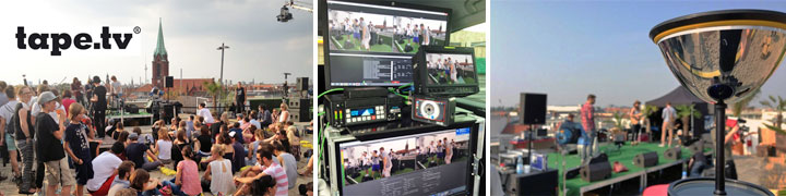 tape.tv Banner Collage: Dach-Event mit Publikum, Multicam-Regie und Satelliten-Streaming in Hamburg