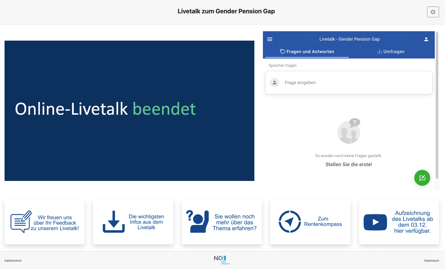 videoplayer-chat-ansicht Screenshot Videoplayer-Chat-Ansicht eines beendeten Livetalks zum Gender Pension Gap mit NC3 Streaming