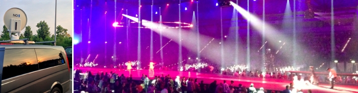Satellitenwagen mit NO1-Antenne und beleuchtete Konzertbühne beim Wagner Reloaded Live-Stream