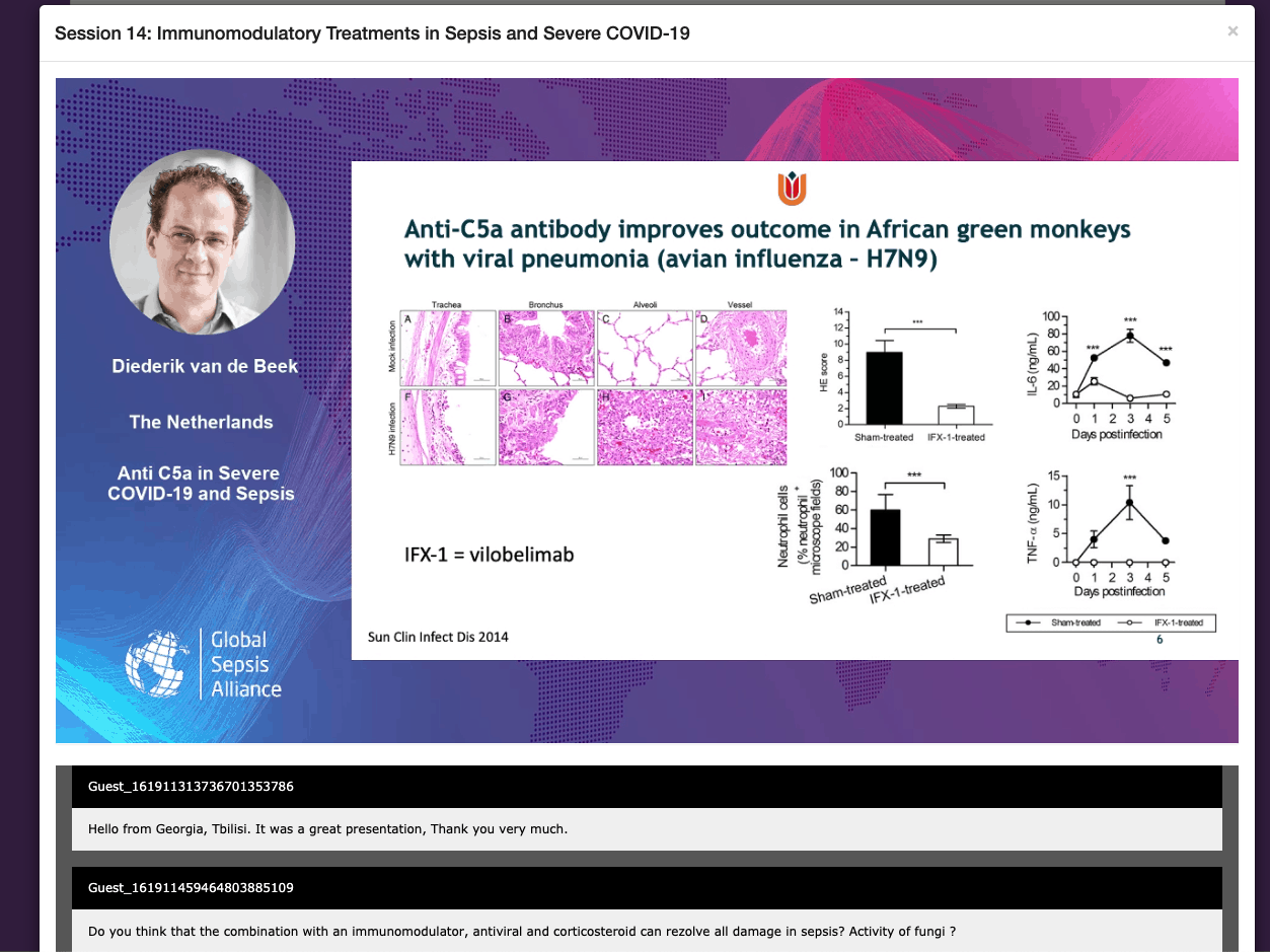 wsc2021-screenshot07 WSC2021 Session 14: Diederik van de Beek presents Anti-C5a antibody study on H7N9 pneumonia with graphs and chat