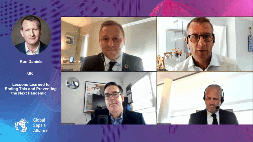 Screenshot WSC2021 Virtuelle Konferenz mit Panel zu Sepsis-Pandemie-Lektionen, Teilnehmer Ron Daniels, Gareth Presch, Marcus Erlandsson und Håkan Källman