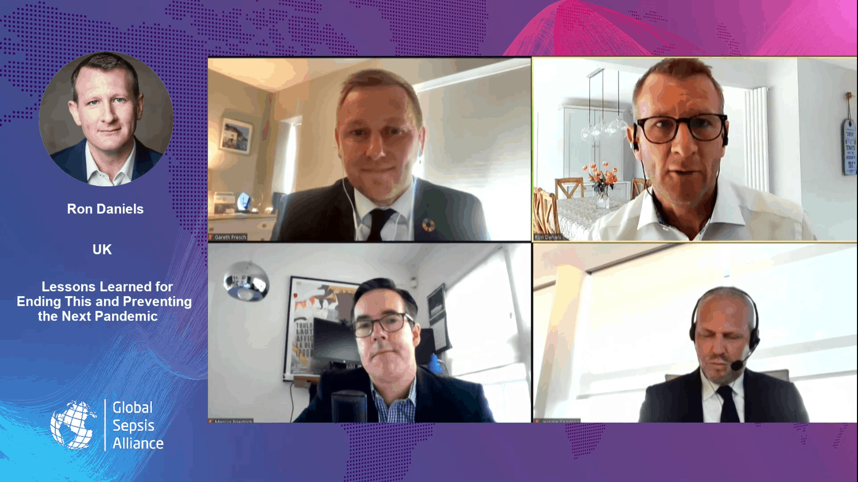 wsc2021-screenshot10 Screenshot WSC2021 Virtuelle Konferenz mit Panel zu Sepsis-Pandemie-Lektionen, Teilnehmer Ron Daniels, Gareth Presch, Marcus Erlandsson und Håkan Källman